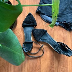 Strappy Faux Snake Skin Black Pointed Toe Flats